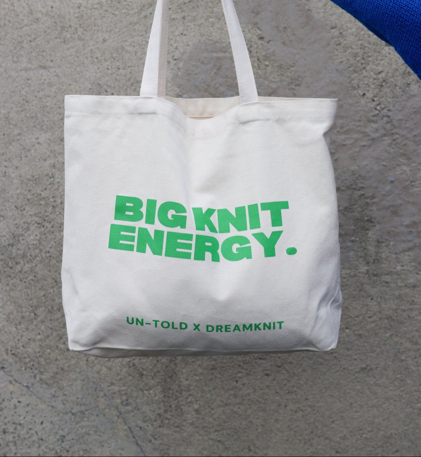 Tote bag from Dreamknit x Un-told stating "Big knit energy", included in every Un-told yarn kit from Dreamknit's design tool
