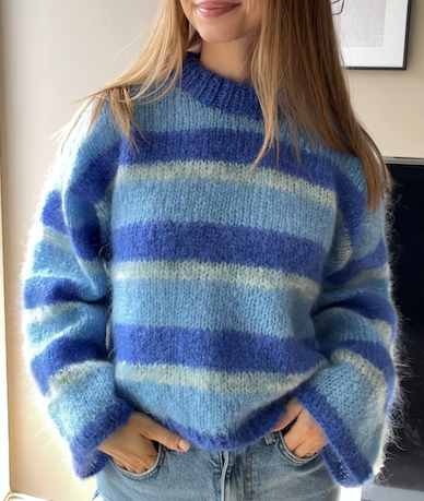 Scrap yarn sweater pattern from Dreamknit's design tool, knitted in chunky mohair yarns