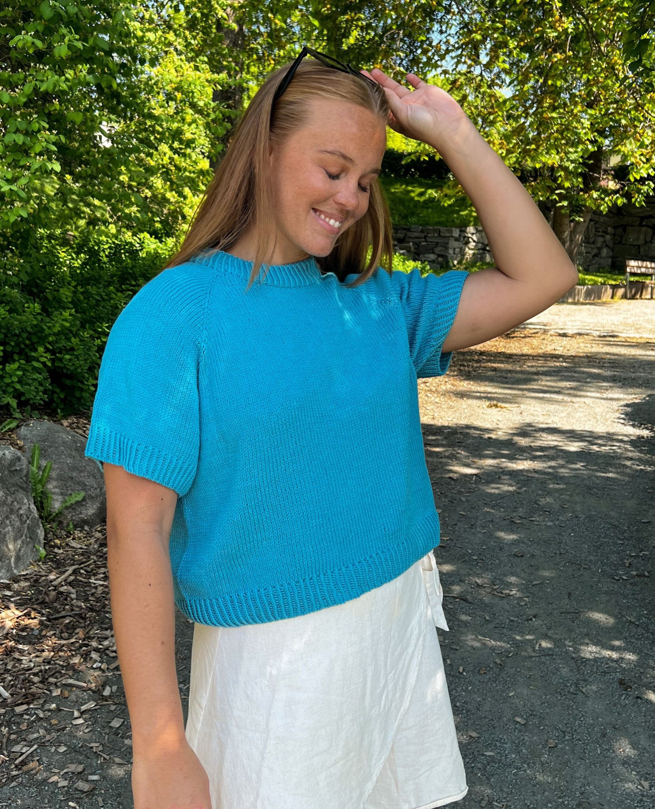 T-shirt pattern from Dreamknit's design tool, knitted in Cotton Merino from Un-told