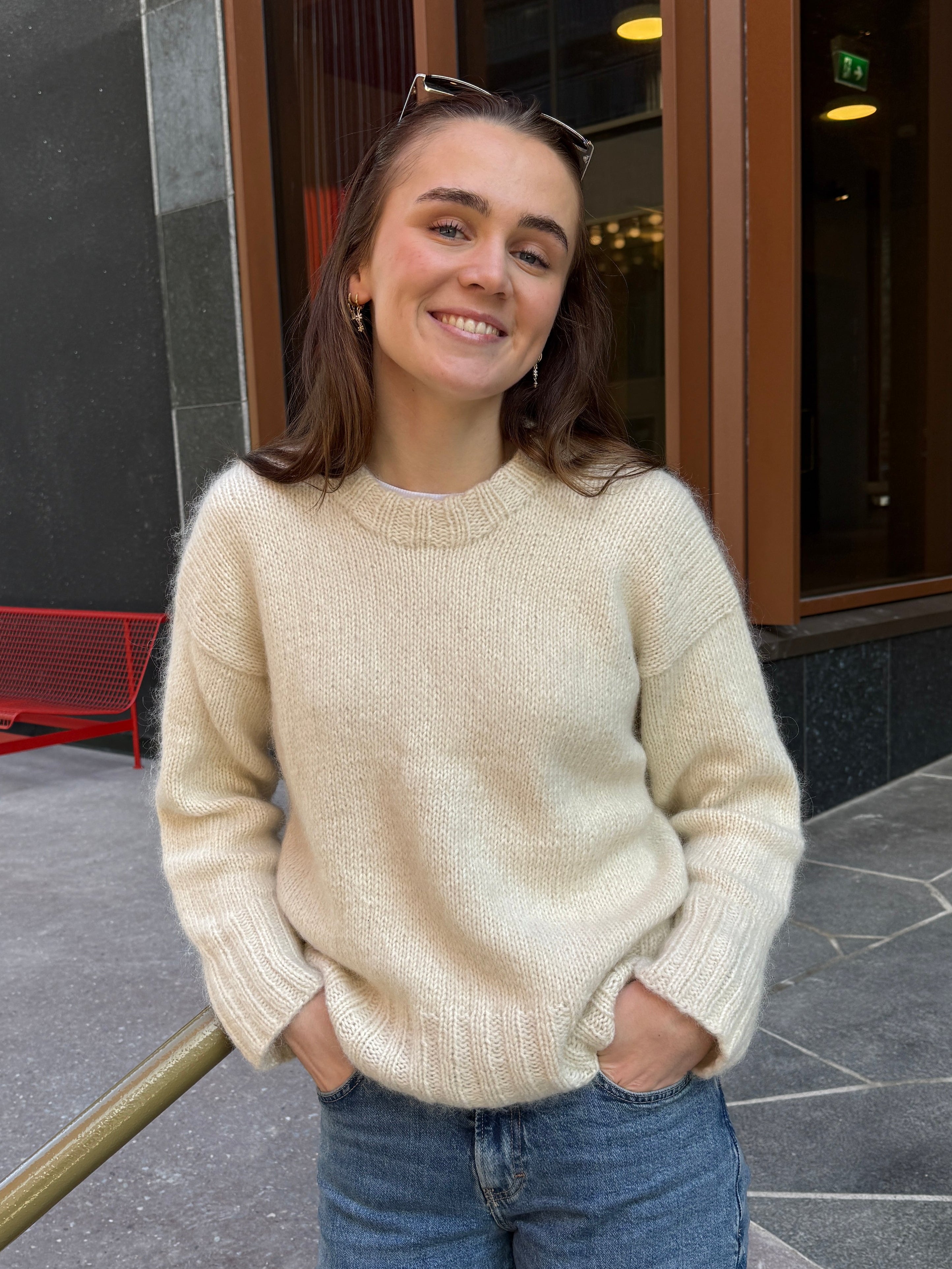 Basic sweater pattern with 2x2 ribbing, made in Dreamknit's design tool, knitted in Majo Garn Puno Fine and Pearl Mohair