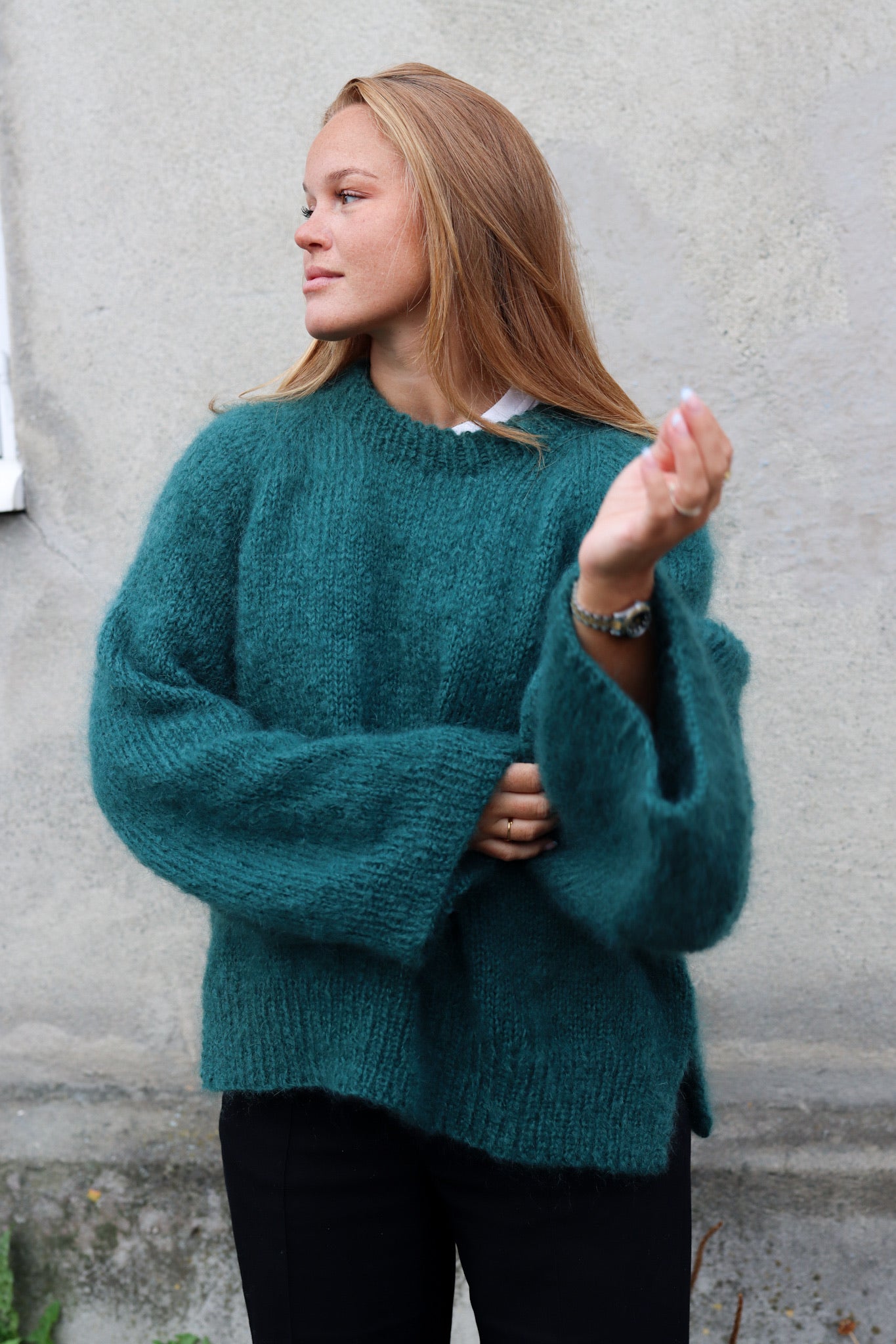 Sweater from Dreamknit's design tool in Un-told Fuzzy Mohair in the color Deep Jungle