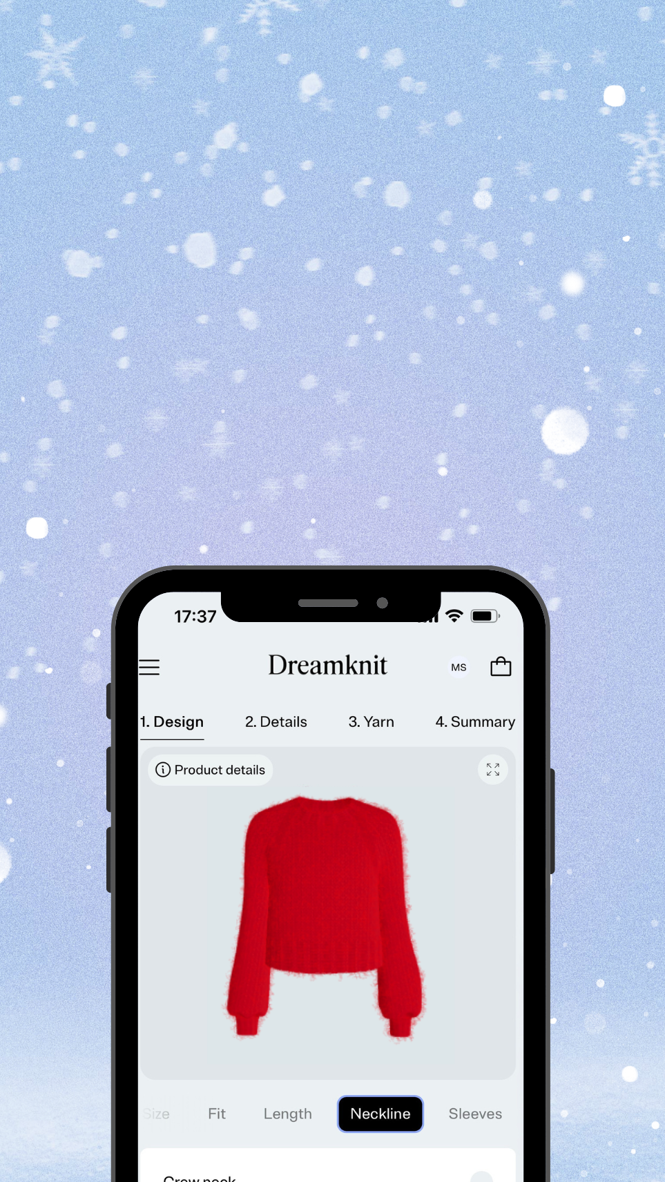Phone displaying a red sweater design on a snowy background