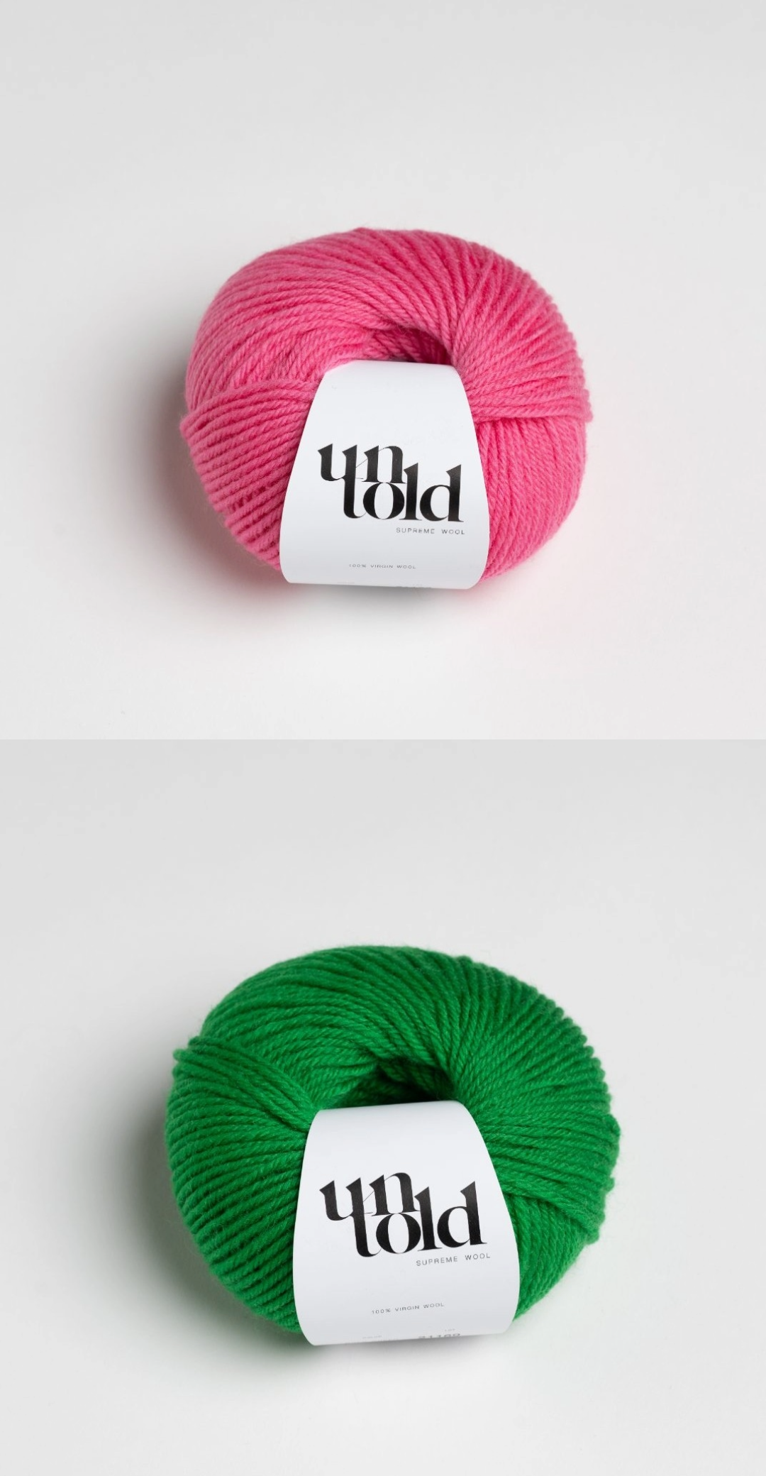 Pink and green yarn kit for a striped knitted sweater